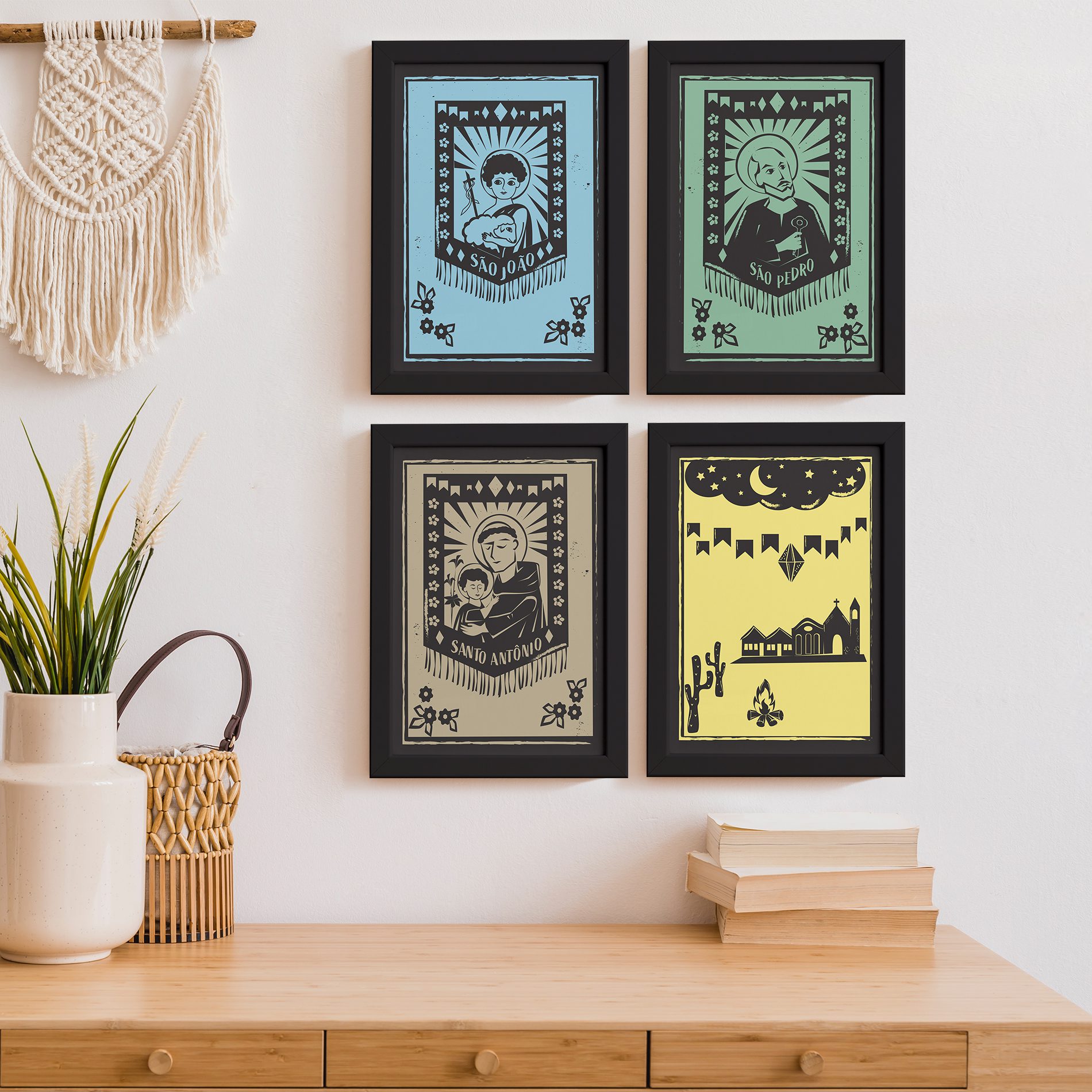 Quadros Religiosos Santos Juninos Moldura Preta 22x32cm Kit 4un,Quadros Religiosos Santos Juninos Moldura Preta 22x32cm Kit 4un