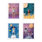 Quadros Astronauta no Espaço Moldura Branca 33x43cm Kit 4un
