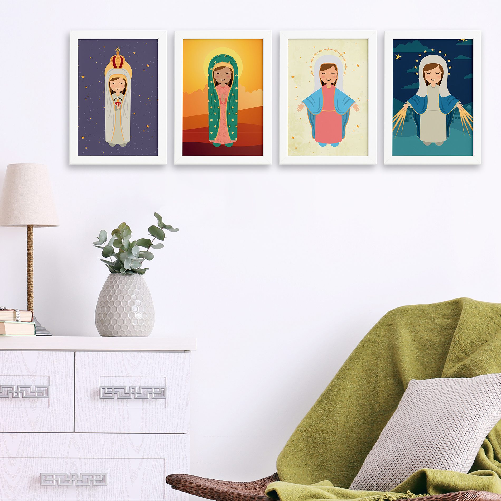Quadros Religiosos Virgem Maria Moldura Branca 22x32 Kit 4un,Quadros Religiosos Virgem Maria Moldura Branca 22x32 Kit 4un