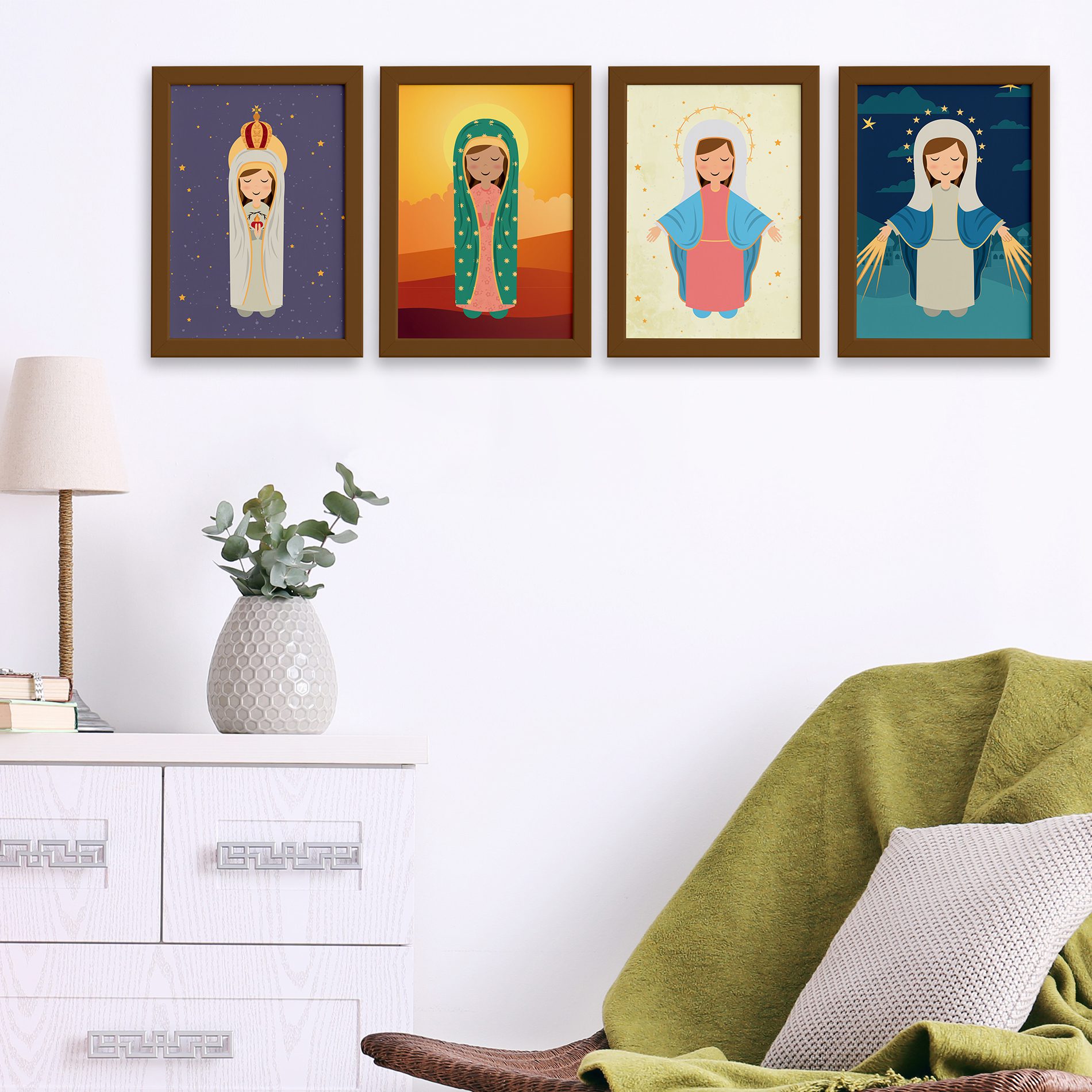 Quadros Religiosos Virgem Maria Moldura Marrom 22x32 Kit 4un,Quadros Religiosos Virgem Maria Moldura Marrom 22x32 Kit 4un