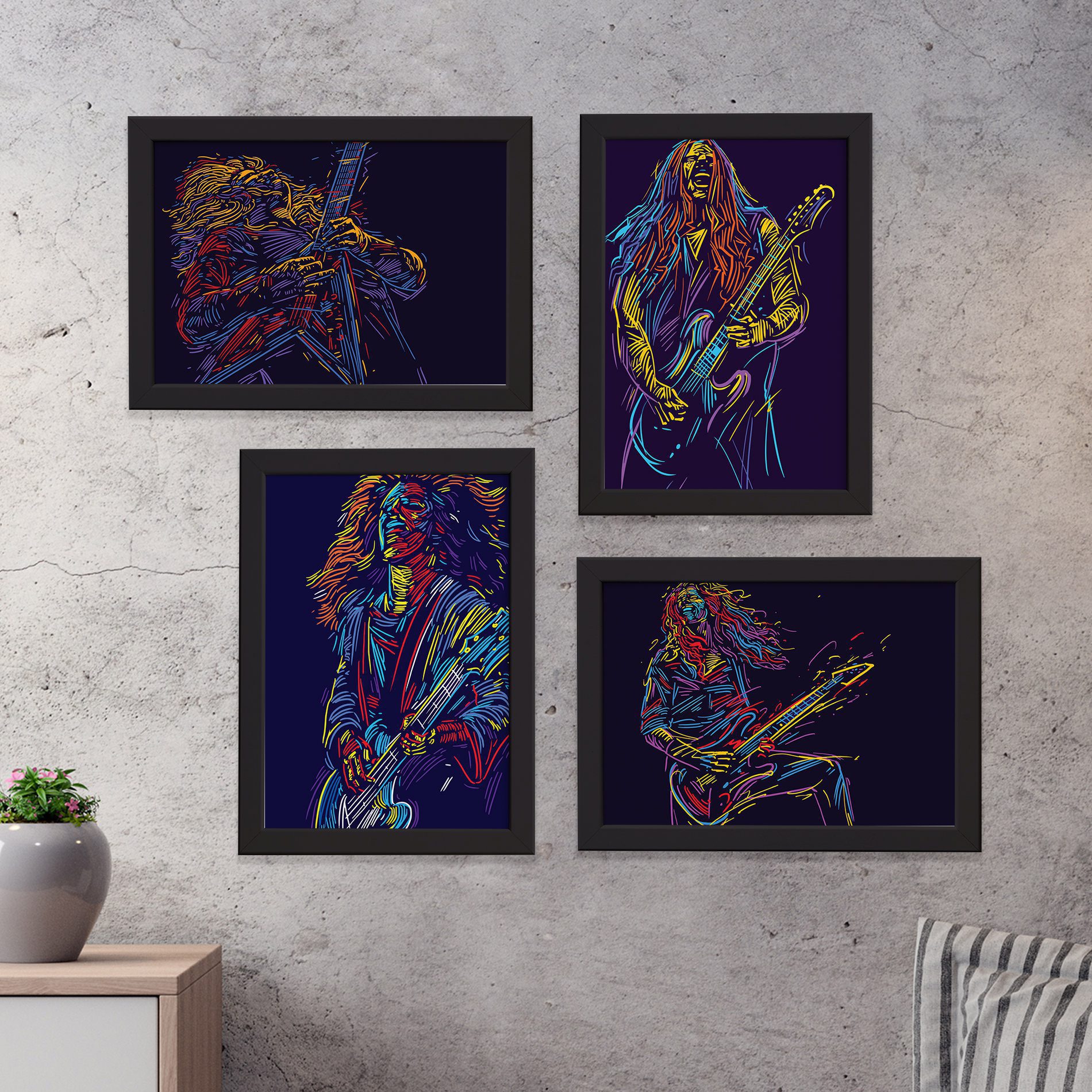 Quadros Abstratos Guitarristas Moldura Preta 22x32cm Kit4un