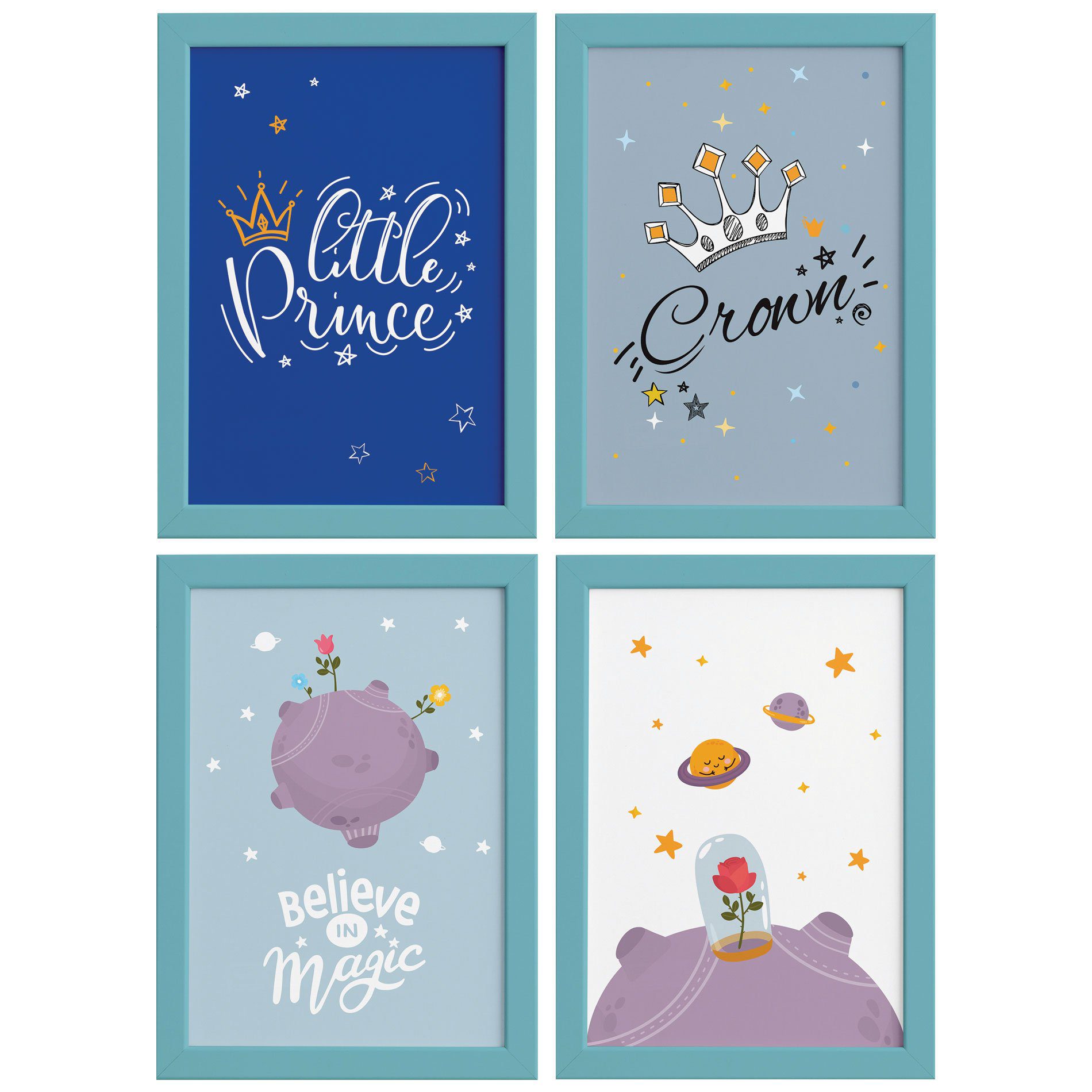 Quadros para Quarto de Menino Príncipe Kit 4un Moldura Azul 