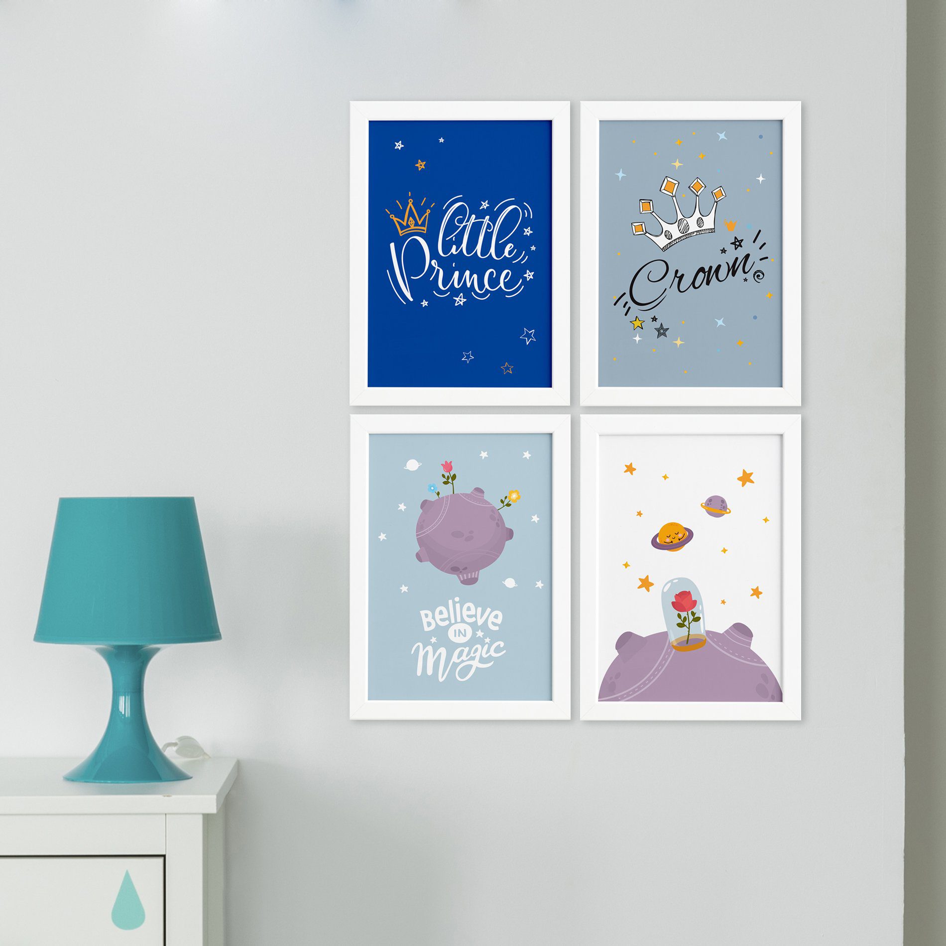Quadros para Quarto Menino Príncipe Kit 4un Moldura Branca
