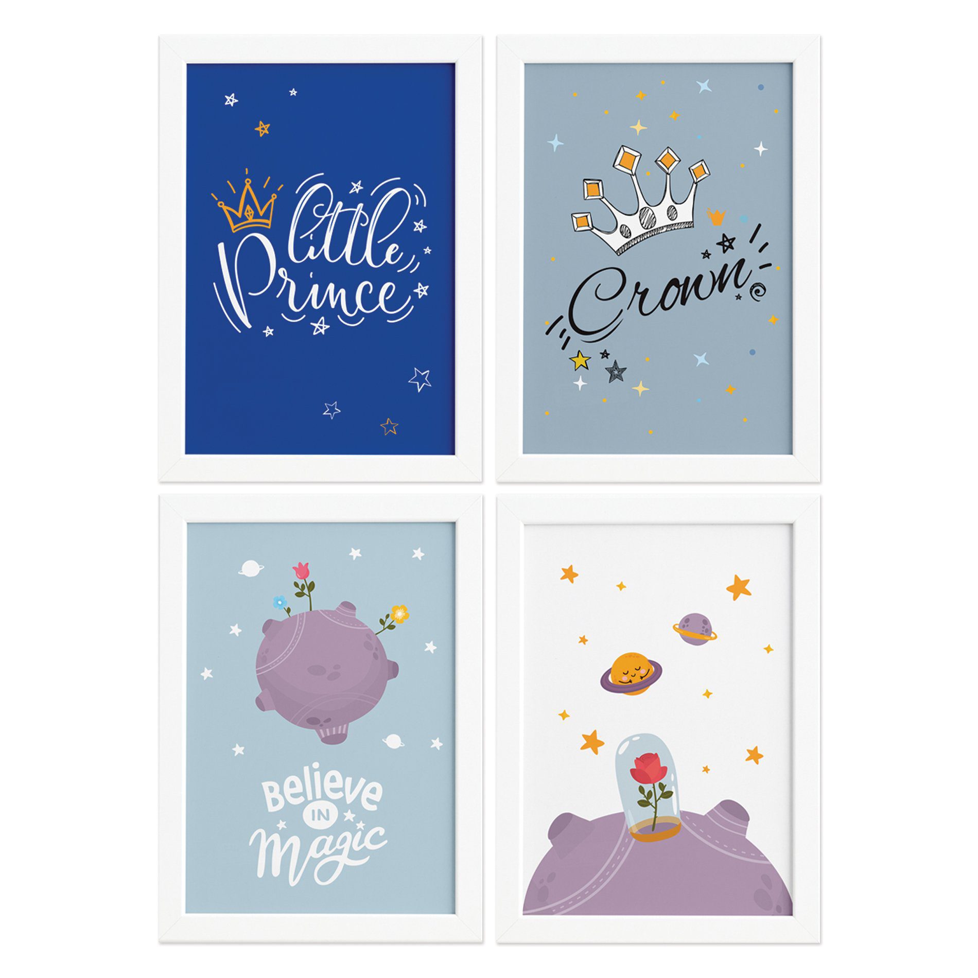 Quadros para Quarto Menino Príncipe Kit 4un Moldura Branca