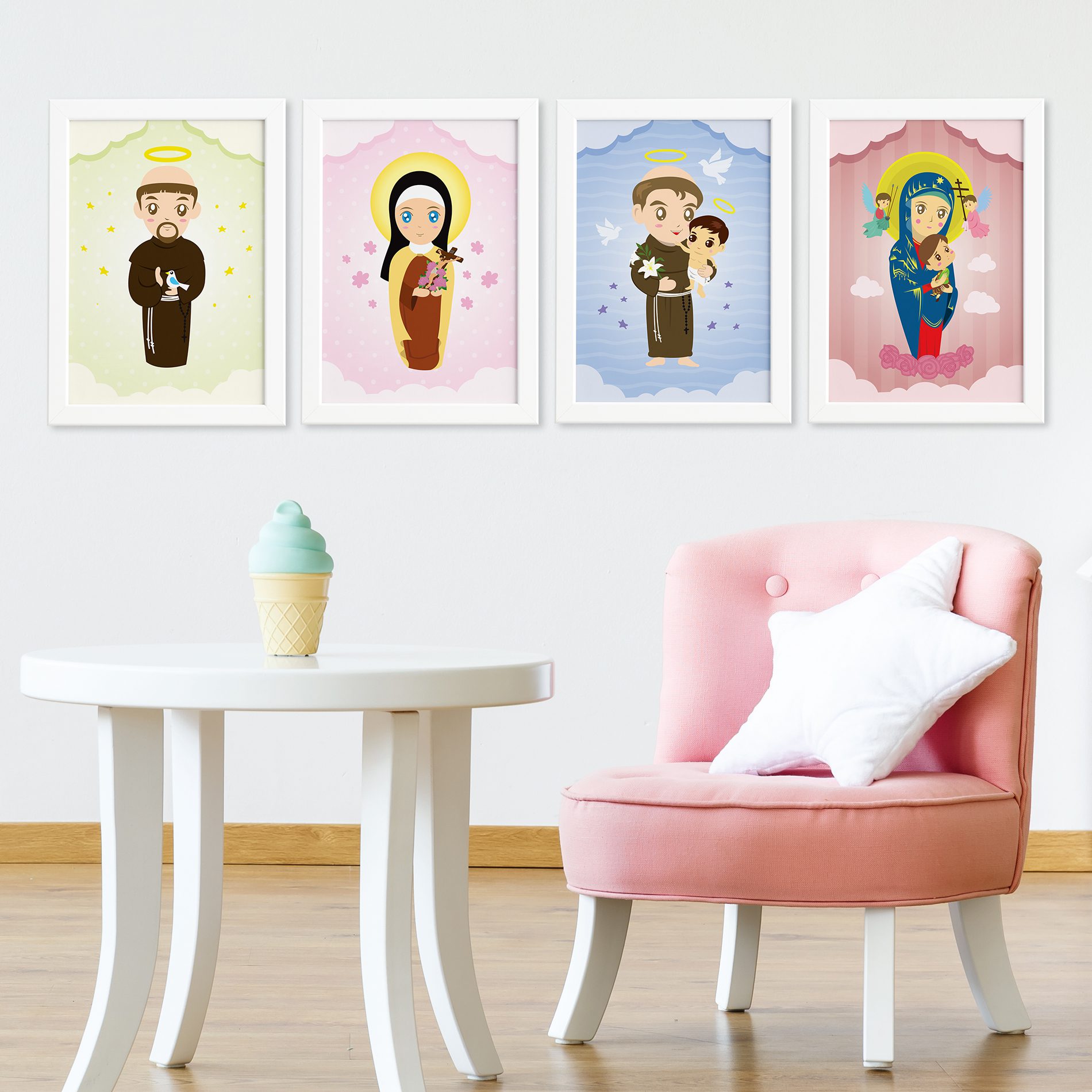 Quadros Religiosos Santos Padroeiros Moldura Branca 22x32cm Kit 4un,Quadros Religiosos Santos Padroeiros Moldura Branca 22x32cm Kit 4un