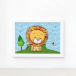 Quadro Infantil Leão Baby Passarinho Moldura Branca 33x43cm