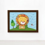 Quadro Infantil Leão Baby Passarinho Moldura Marrom 22x32cm