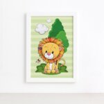 Quadro Infantil Leão Baby na Floresta Moldura Branca 22x32cm