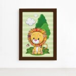 Quadro Infantil Leão Baby na Floresta Moldura Marrom 22x32cm