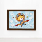 Quadro Infantil Leão Baby Piloto Moldura Marrom 22x32cm