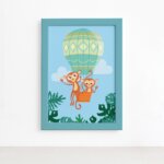 Quadro Infantil Macacos e Balão Moldura Azul 22x32cm