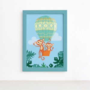 Quadro Infantil Macacos e Balão Moldura Azul 22x32cm,Quadro Infantil Macacos e Balão Moldura Azul 22x32cm