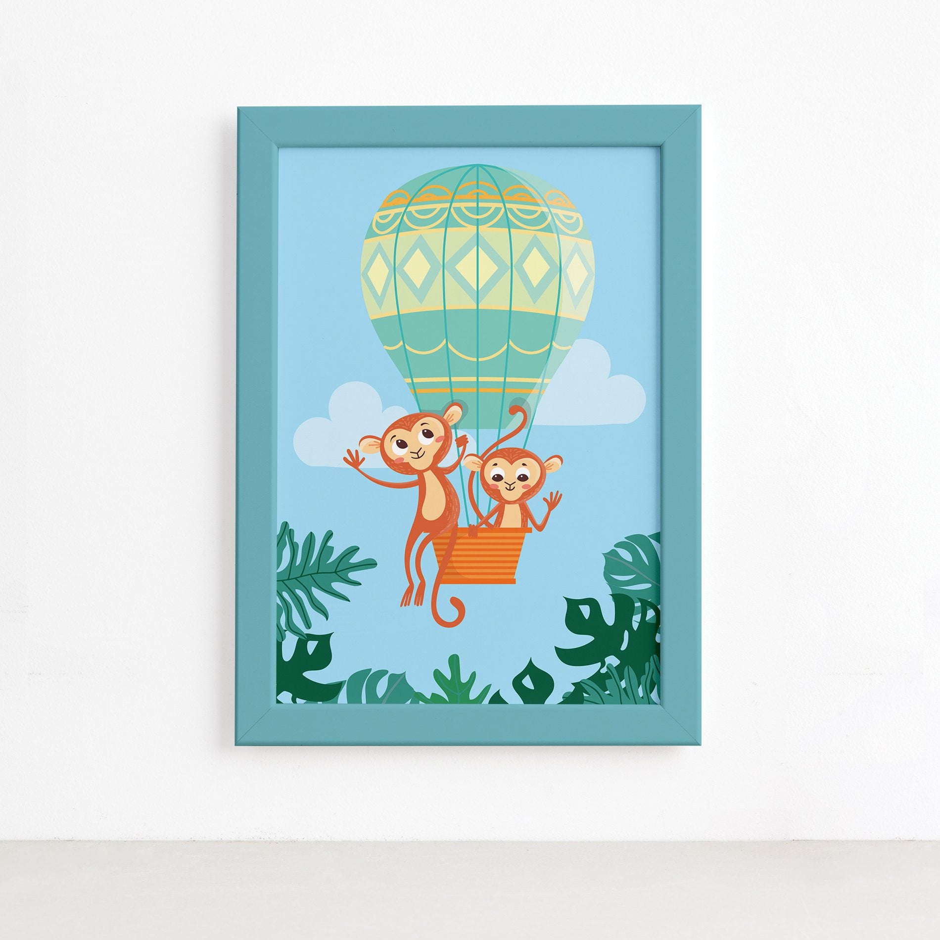 Quadro Infantil Macacos e Balão Moldura Azul 22x32cm,Quadro Infantil Macacos e Balão Moldura Azul 22x32cm