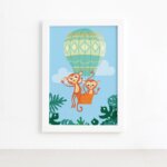 Quadro Infantil Macacos e Balão Moldura Branca 22x32cm