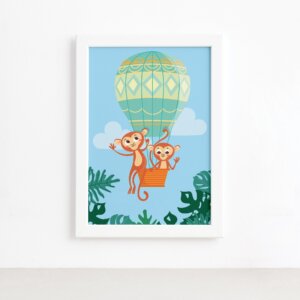 Quadro Infantil Macacos e Balão Moldura Branca 22x32cm,Quadro Infantil Macacos e Balão Moldura Branca 22x32cm