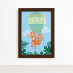 Quadro Infantil Macacos e Balão Moldura Marrom 22x32cm