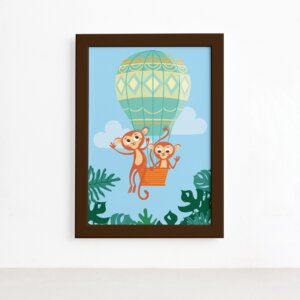 Quadro Infantil Macacos e Balão Moldura Marrom 22x32cm,Quadro Infantil Macacos e Balão Moldura Marrom 22x32cm