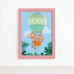 Quadro Infantil Macacos e Balão Moldura Rosa 22x32cm