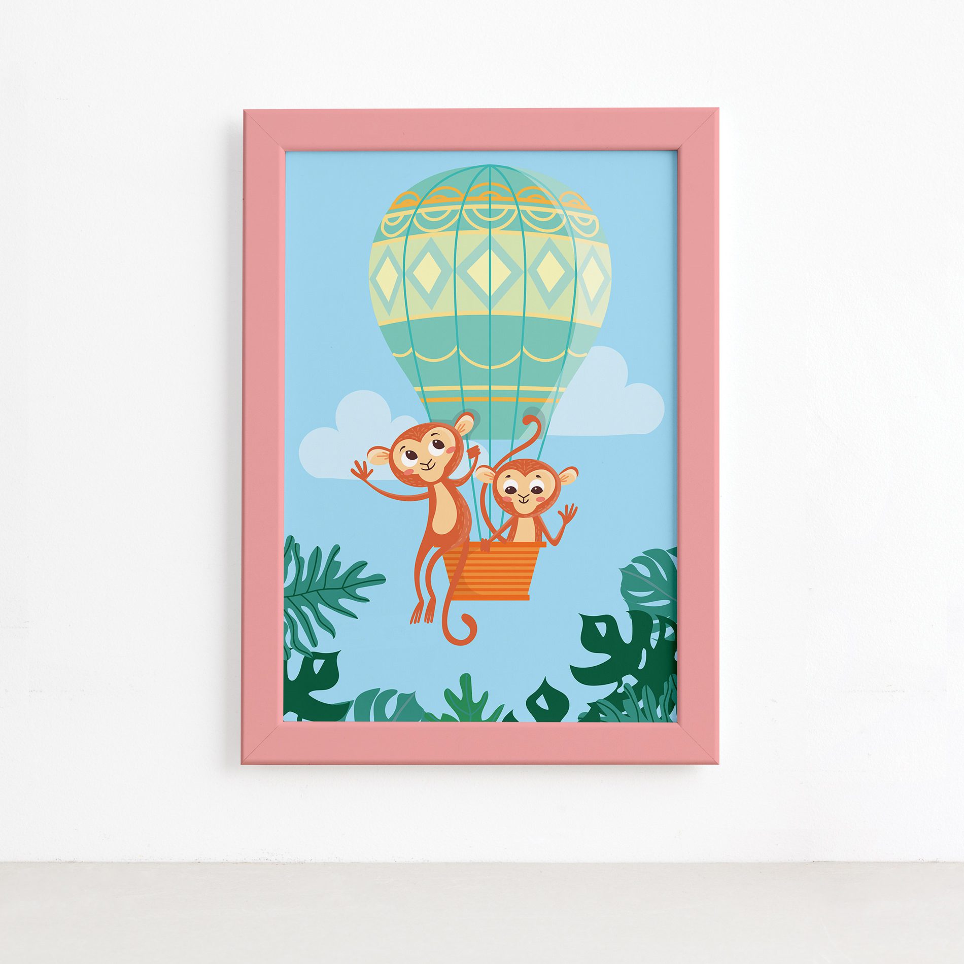 Quadro Infantil Macacos e Balão Moldura Rosa 22x32cm,Quadro Infantil Macacos e Balão Moldura Rosa 22x32cm