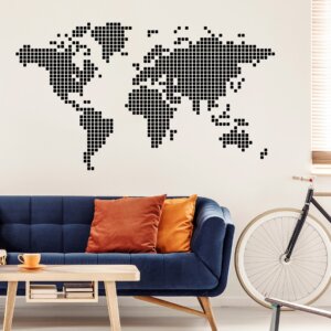 Adesivo de Parede Mapa Mundi Preto Quadriculado