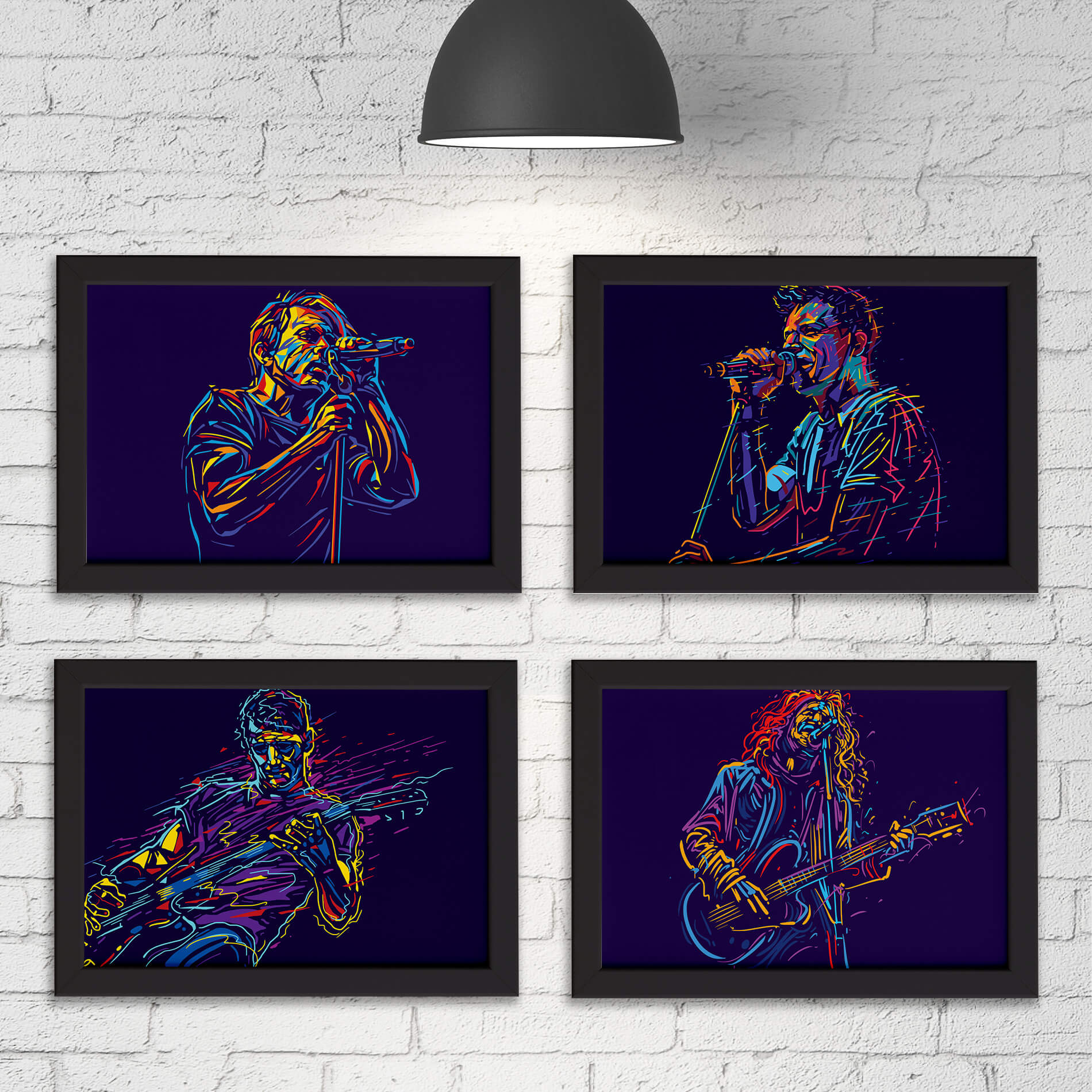 Kit de quatro quadros decorativos com moldura preta, cada um medindo 33x43 cm, para aplicação em parede