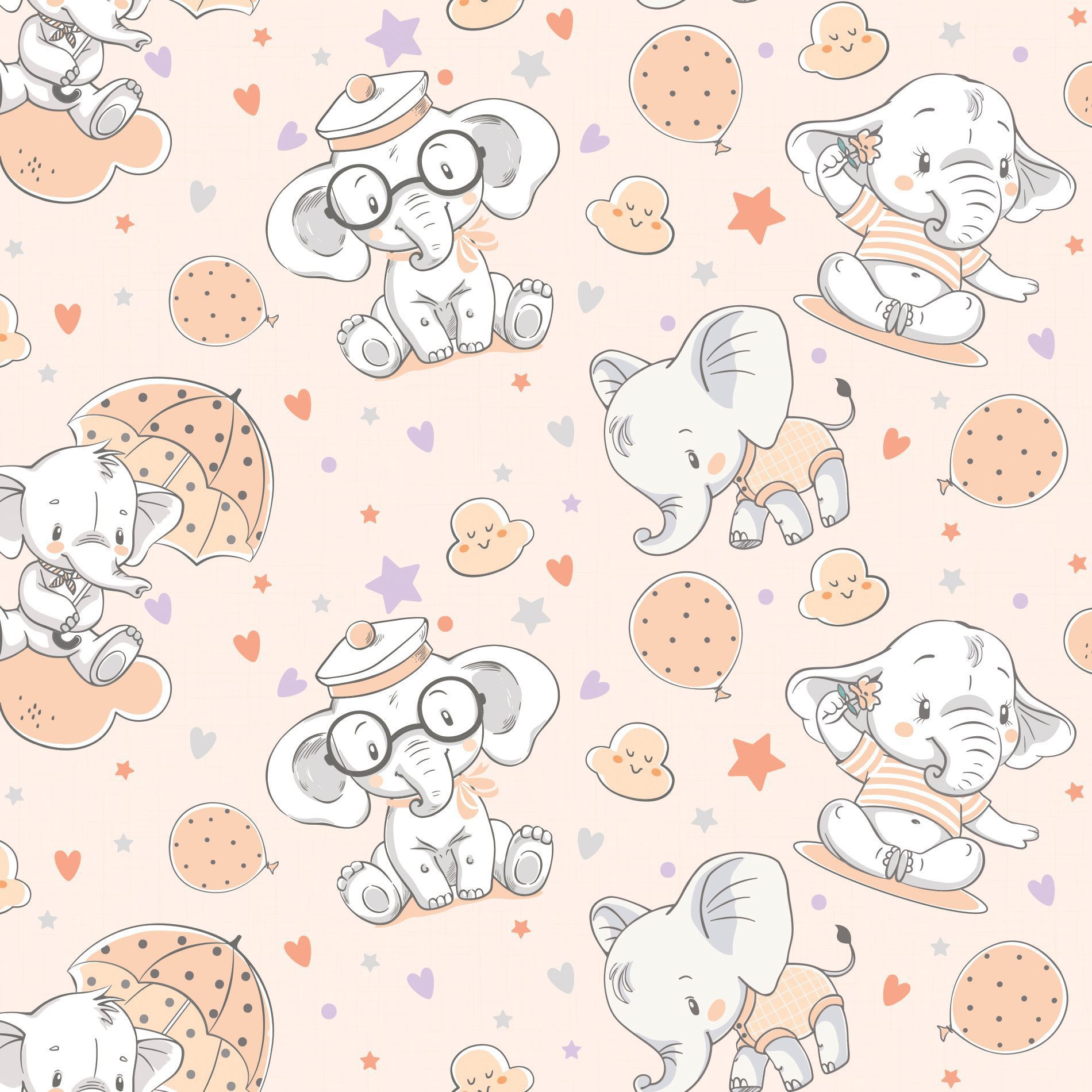 Papel de Parede Elefante Bebê Branco e Laranja