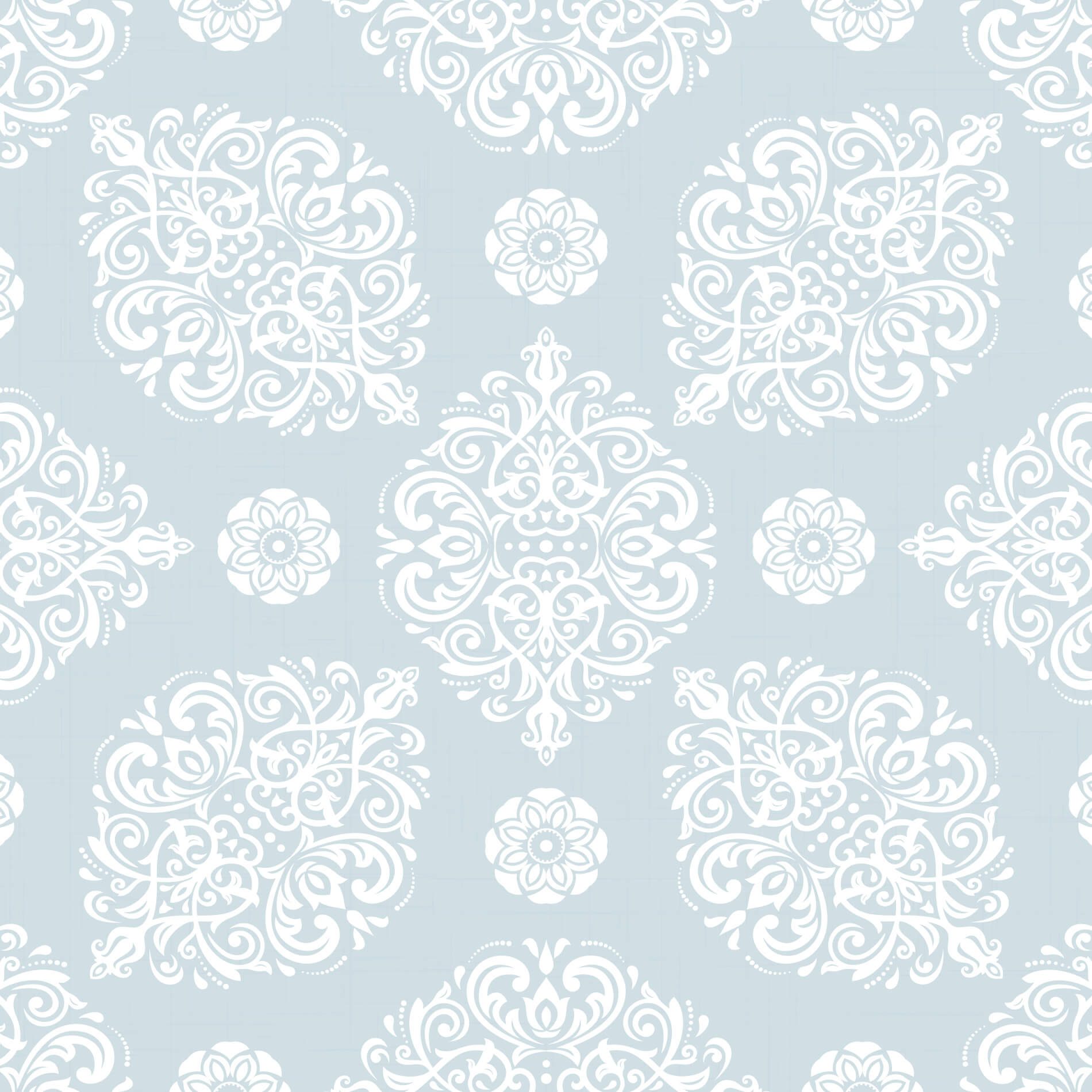 Imagem detalhada do papel de parede adesivo Arabesco Oriental azul claro com padrão branco.