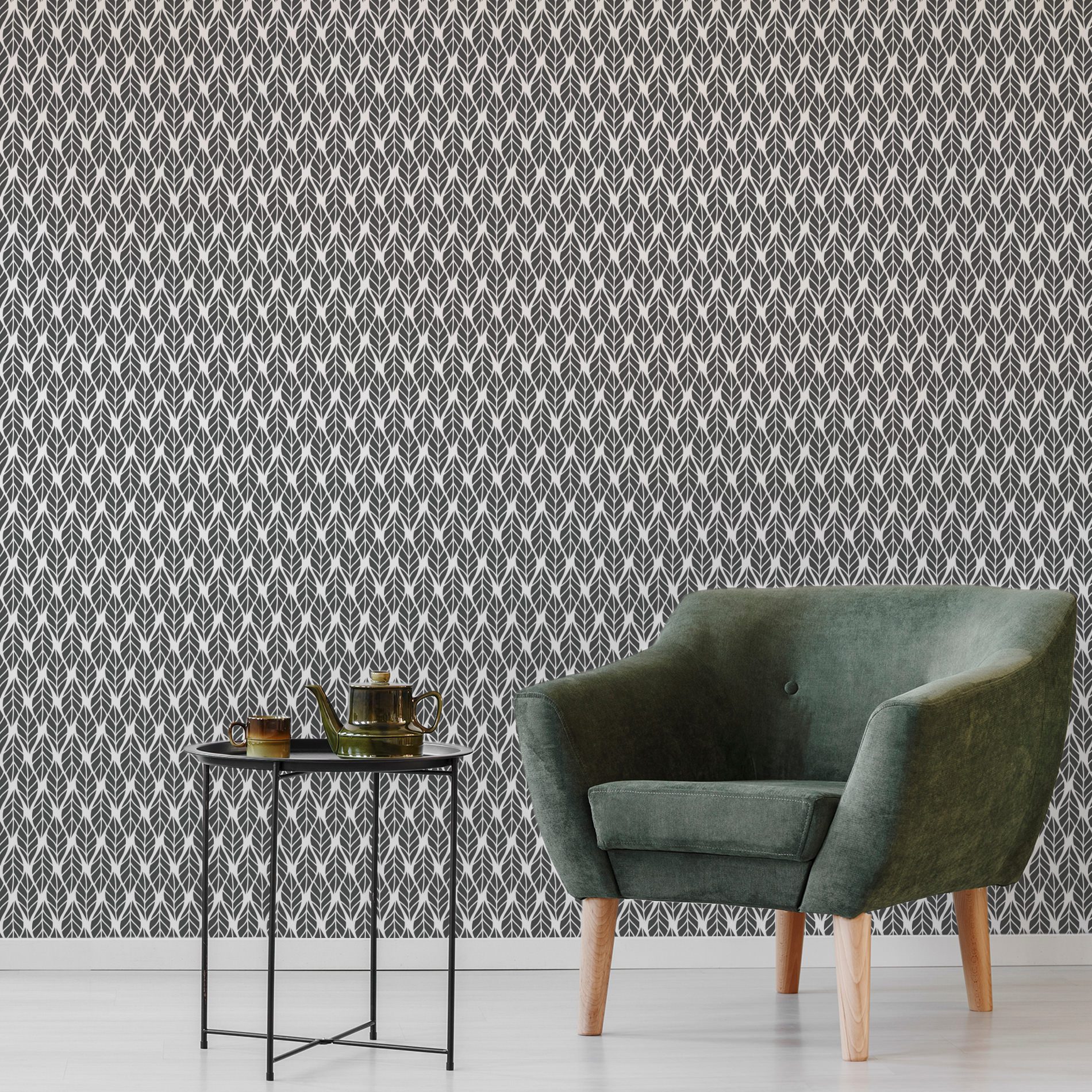 Papel de Parede Folhas Cinza Escuro para Sala 57x270cm,Papel de Parede Folhas Cinza Escuro para Sala 57x270cm