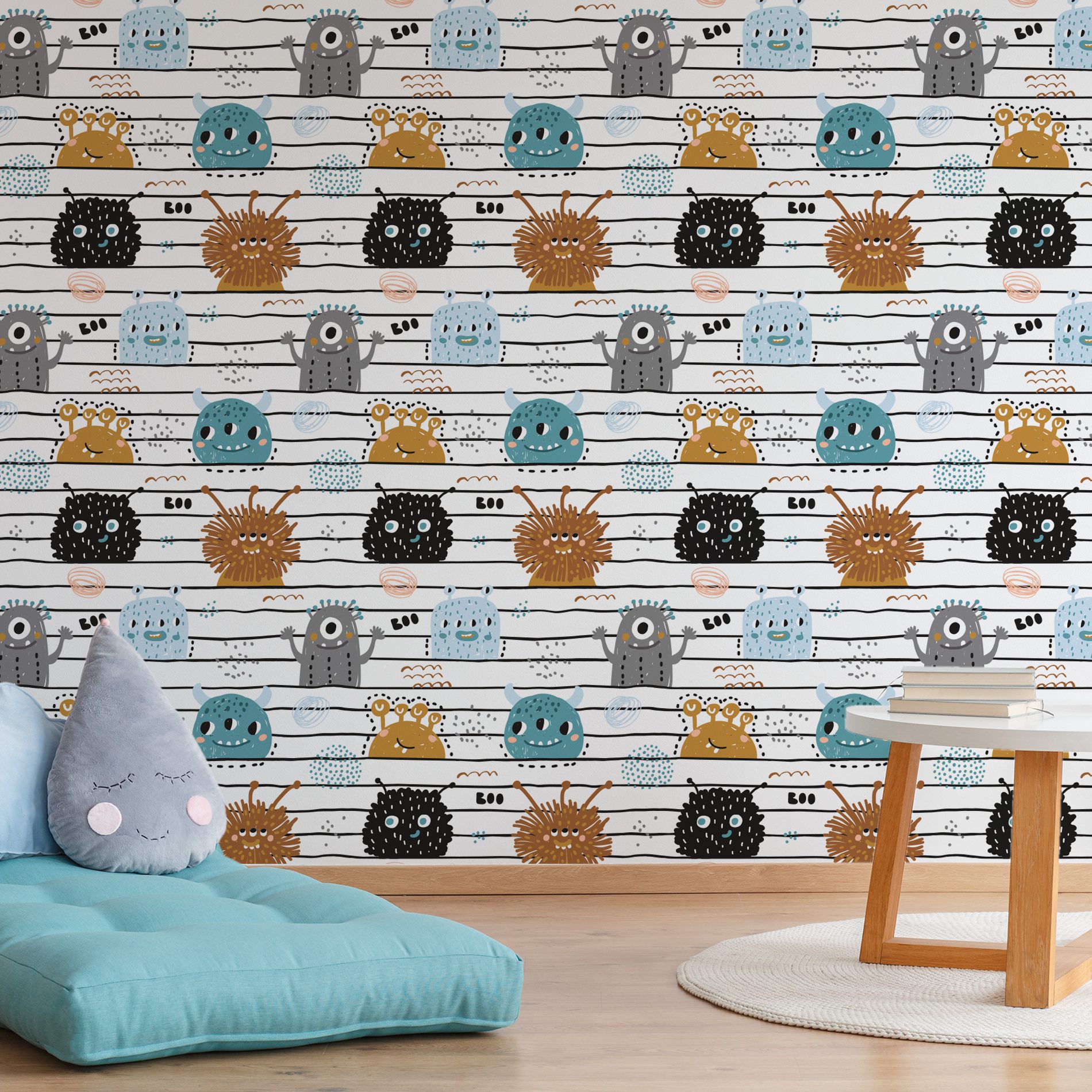 Papel de Parede Monstrinhos em Canetinha Infantil 57x270cm,Papel de Parede Monstrinhos em Canetinha Infantil 57x270cm