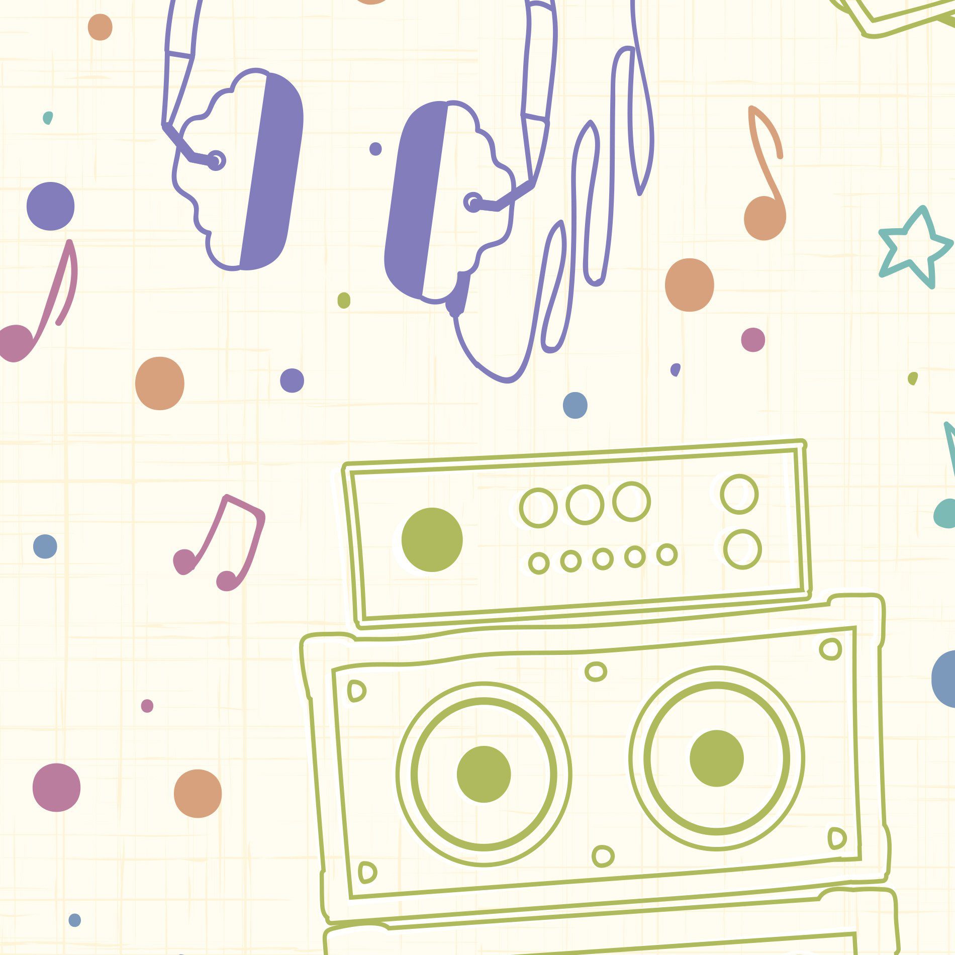 Imagem ilustrativa do papel de parede adesivo música vintage mostrando detalhes da estampa e textura.