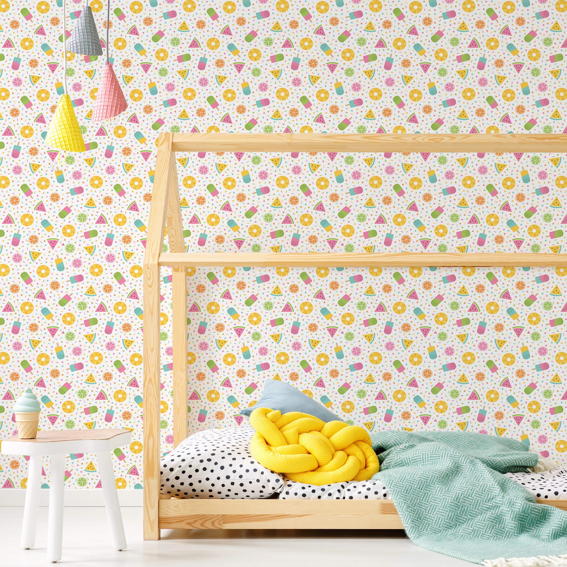 Papel de Parede Infantil Sorvete e Frutas Tropicais 57x270cm,Papel de Parede Infantil Sorvete e Frutas Tropicais 57x270cm