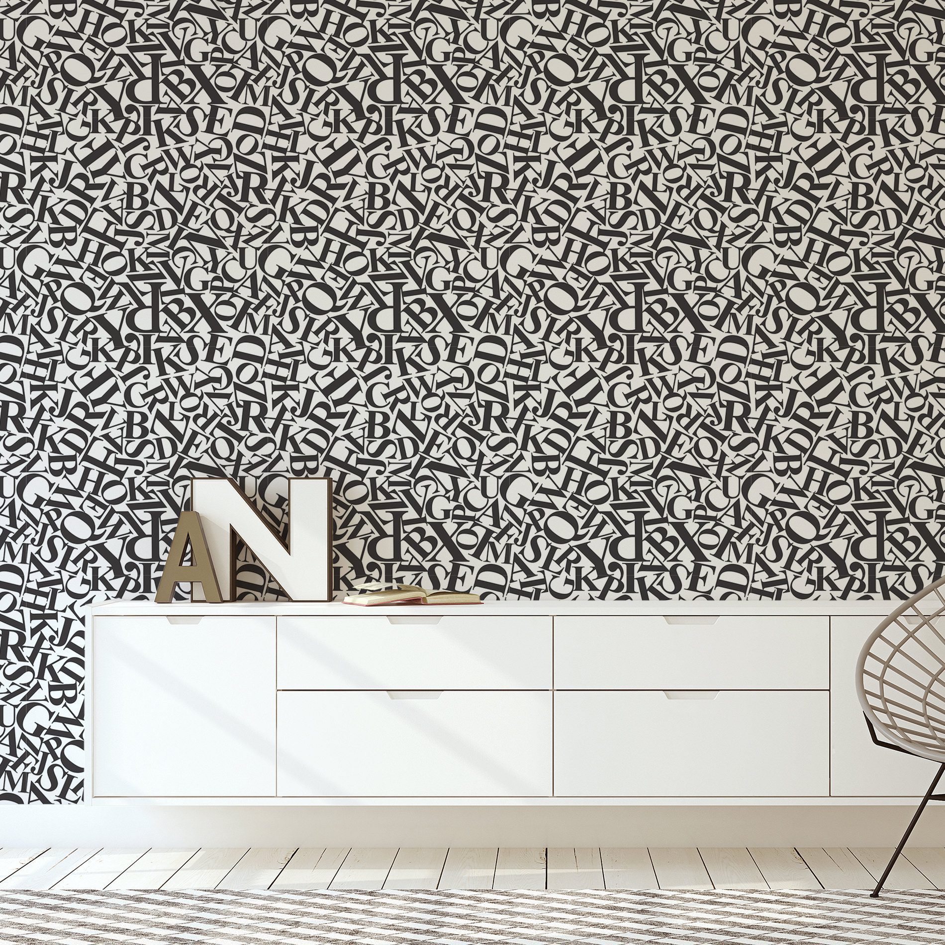 Papel de Parede Preto e Branco Letras Types 57x270cm,Papel de Parede Preto e Branco Letras Types 57x270cm