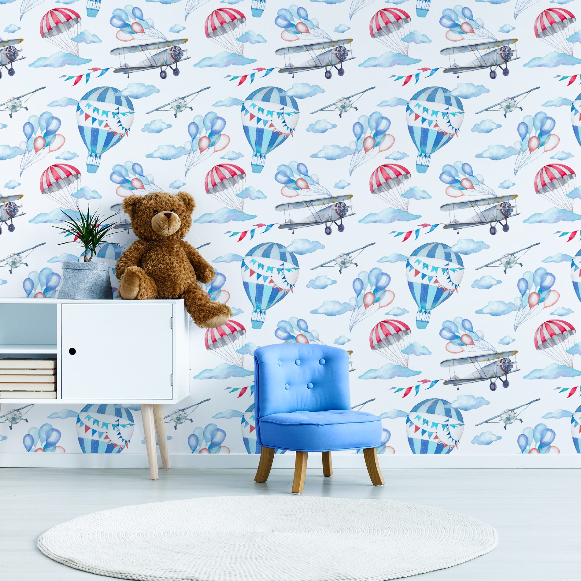 Papel de Parede Balão e Avião Aquarela Vintage 57x270cm,Papel de Parede Balão e Avião Aquarela Vintage 57x270cm