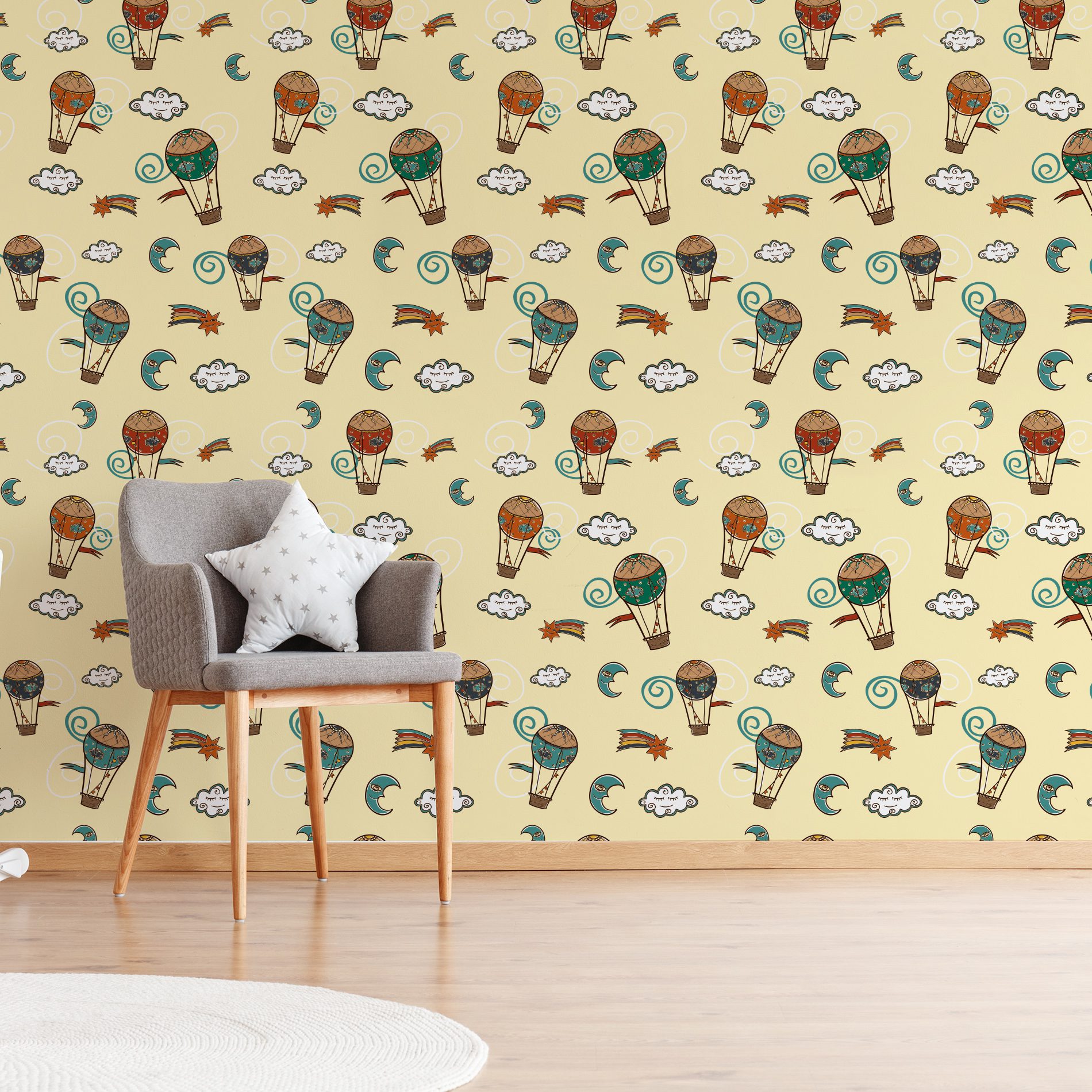 Papel de Parede Balões Céu Estrelado para Quarto 57x270cm