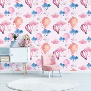 Papel de Parede Balões e Nuvens Rosa 57x270cm,Papel de Parede Balões e Nuvens Rosa 57x270cm