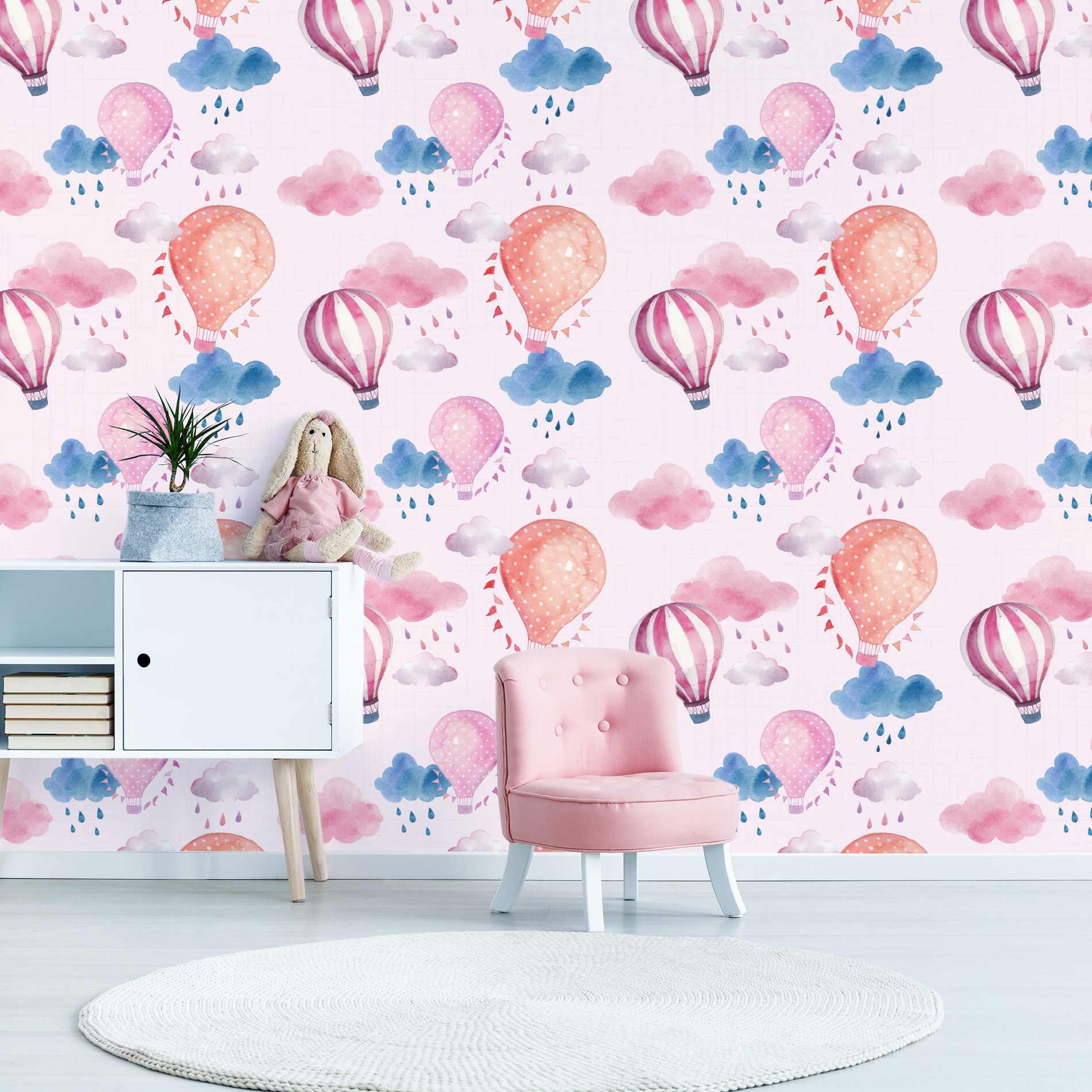 Papel de Parede Balões e Nuvens Rosa 57x270cm,Papel de Parede Balões e Nuvens Rosa 57x270cm