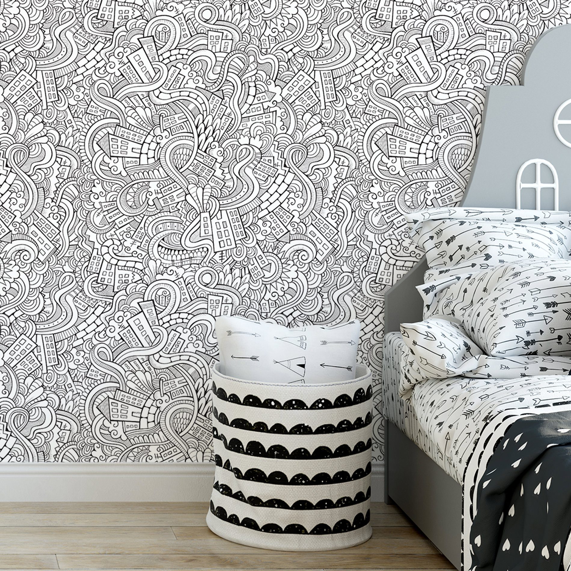 Papel de Parede Branco e Preto para Colorir Cidades 57x270cm