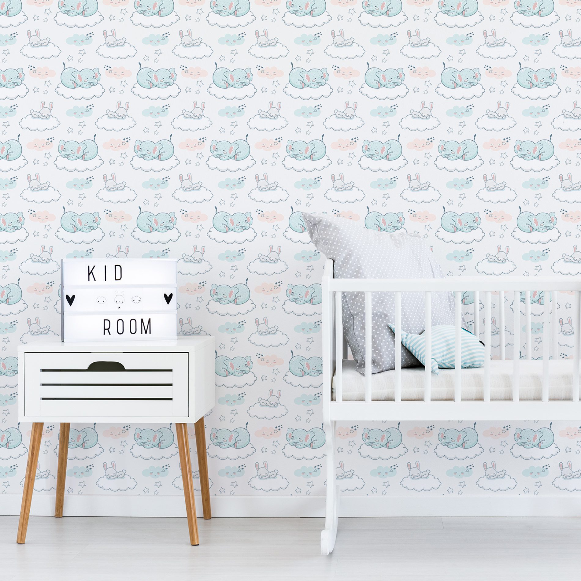 Papel de Parede Elefante e Coelho Quarto de Bebê 57x270cm,Papel de Parede Elefante e Coelho Quarto de Bebê 57x270cm