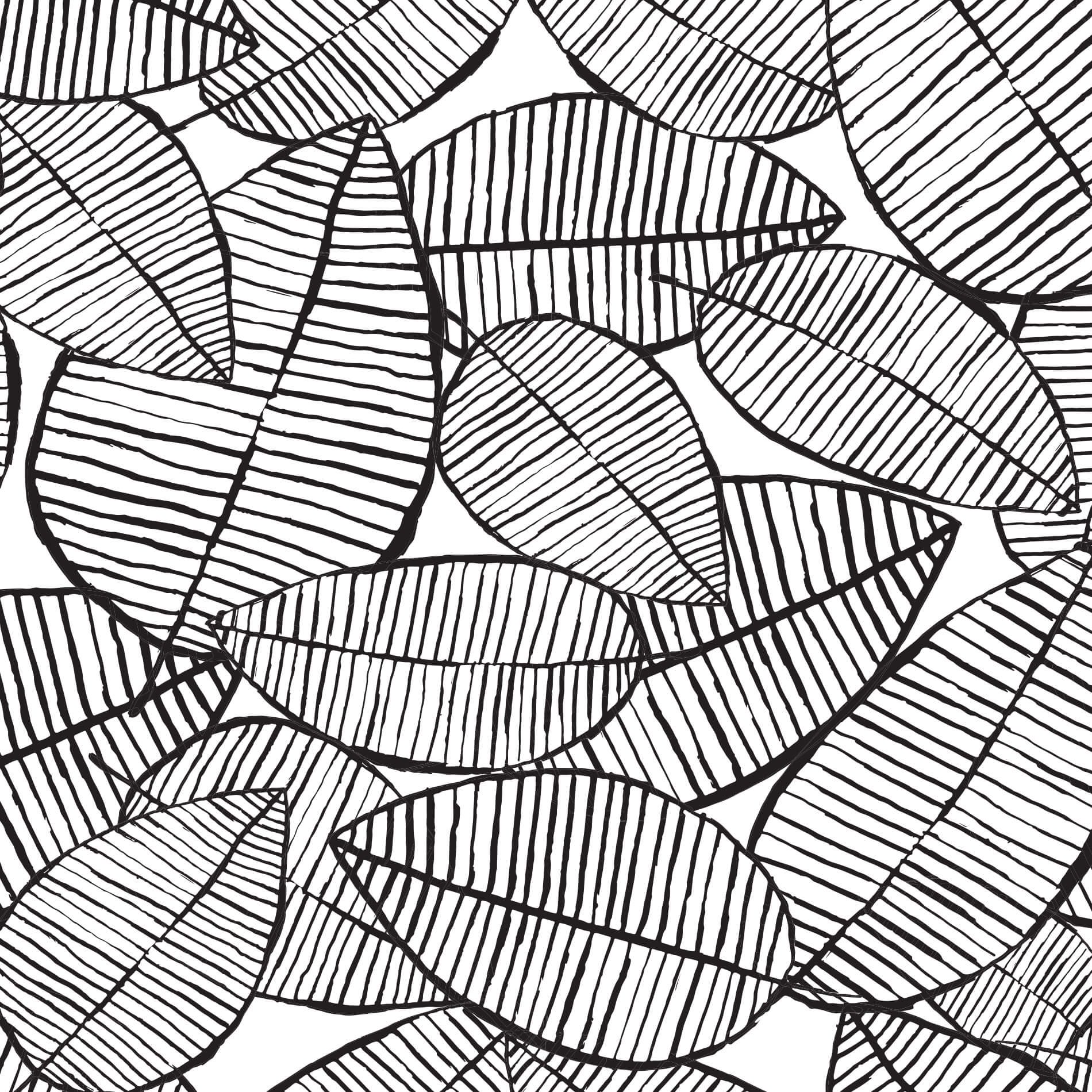 Imagem ilustrativa do papel de parede folhagem preto e branco mostrando detalhes do vinil autoadesivo e acabamento fosco