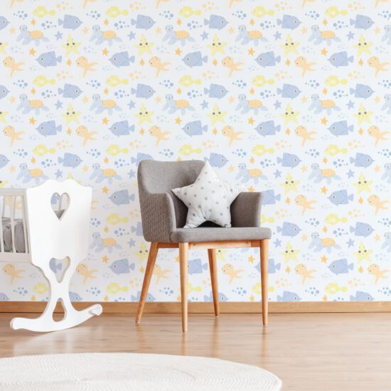 Papel de Parede Infantil Fundo do Mar Azul Laranja 57x270cm
