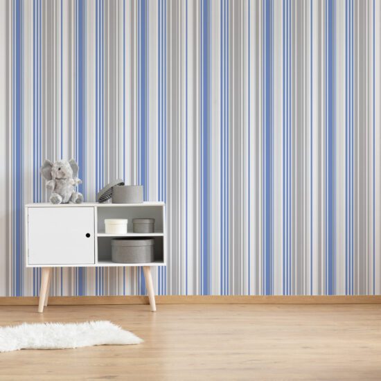 Papel de Parede Listrado Azul e Cinza 57x270cm Papel de Parede Listrado Azul e Cinza 57x270cm