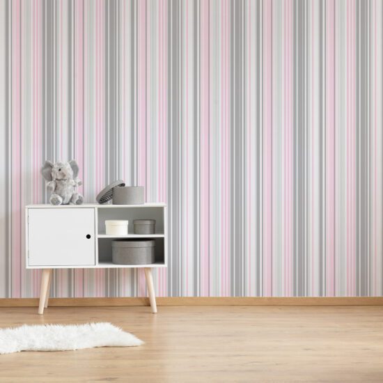 Papel de Parede Listrado Rosa e Cinza 57x270cm Papel de Parede Listrado Rosa e Cinza 57x270cm