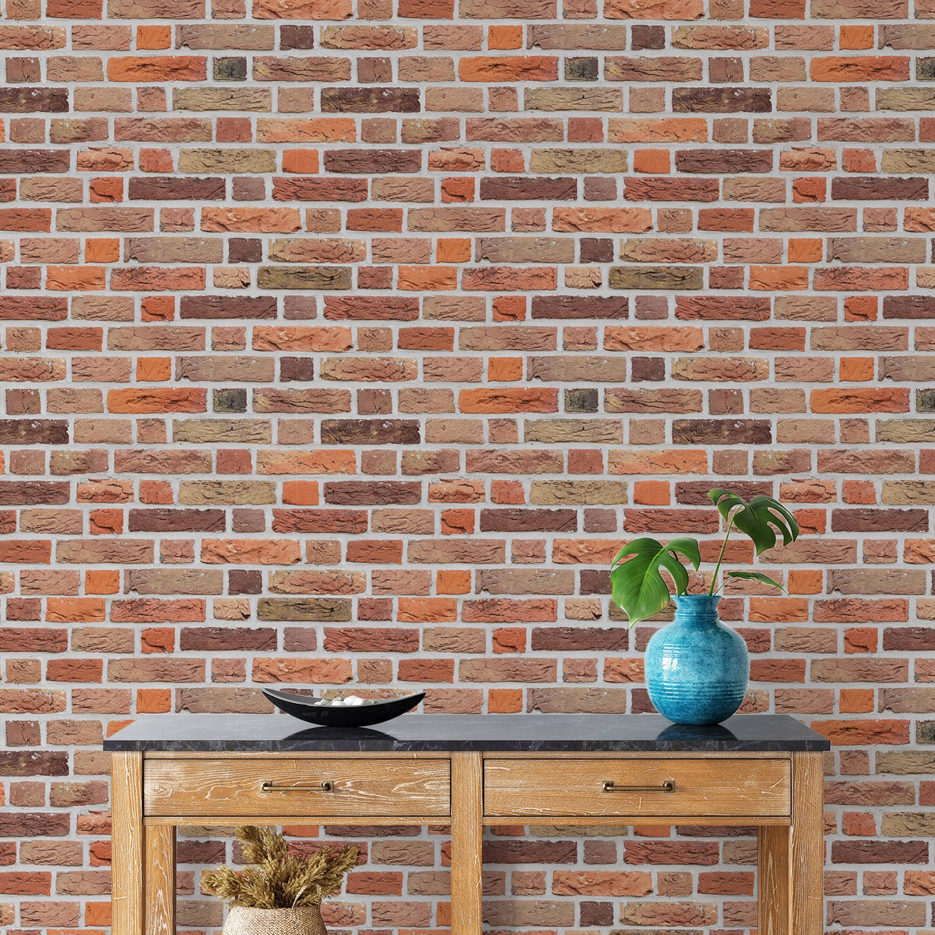 Papel de Parede Tijolos 3D Vermelhos Mesclados Adesivo 57x270cm