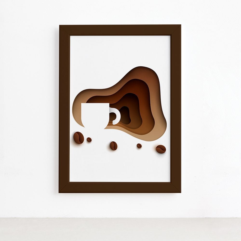 Quadro Decorativo Xícara Café e Grãos Mold Marrom 33x43cm