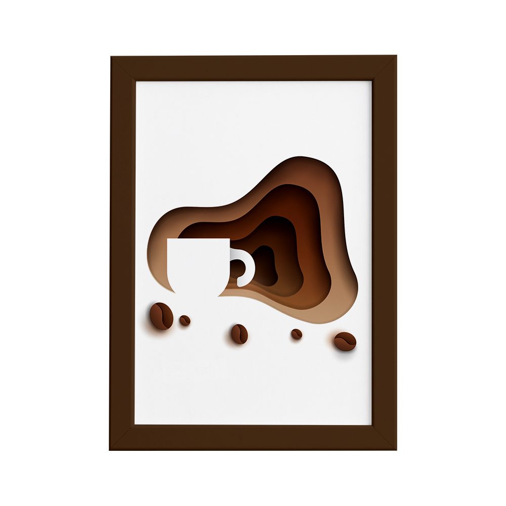 Quadro decorativo retangular com moldura marrom e arte em camadas formando uma xícara de café, mostrando dimensões de 22x32 cm.
