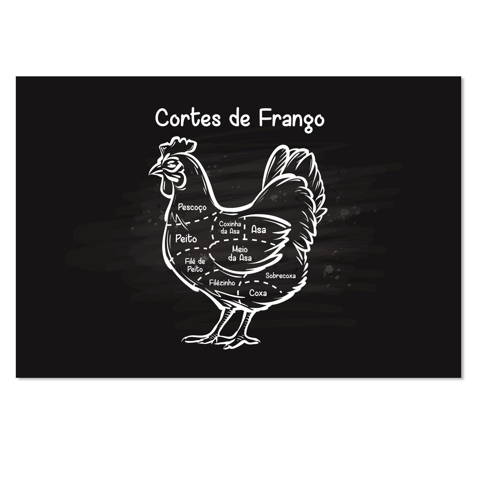 Placa decorativa retangular em MDF com fundo preto e desenho branco de uma galinha dividida em cortes de frango, vista de frente sobre fundo branco.