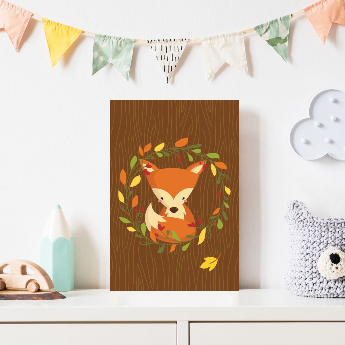 Placa Decorativa Infantil Raposa e Folhas 20x30cm