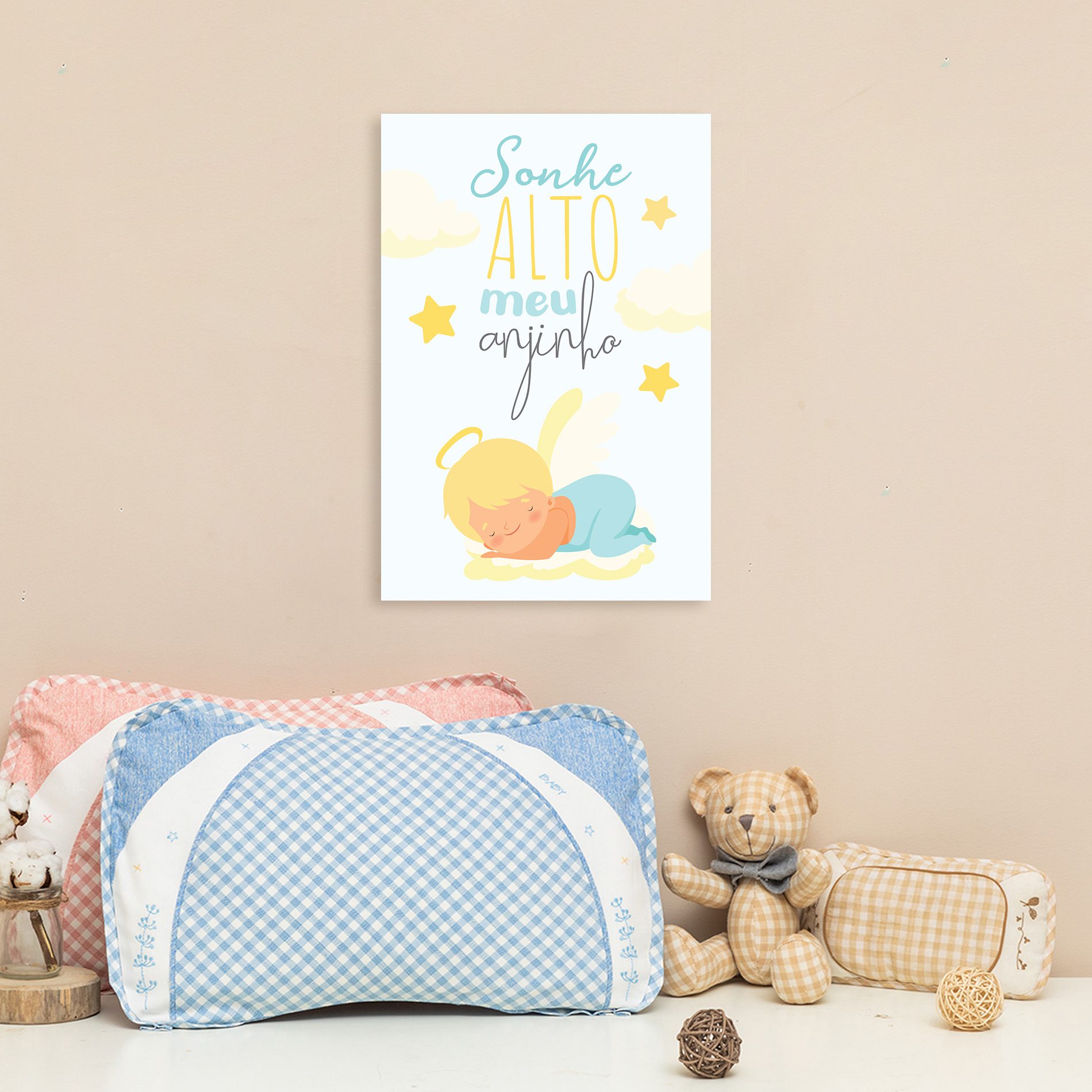Placa Decorativa Sonhe Alto meu Anjinho Menino 20x30cm,Placa Decorativa Sonhe Alto meu Anjinho Menino 20x30cm