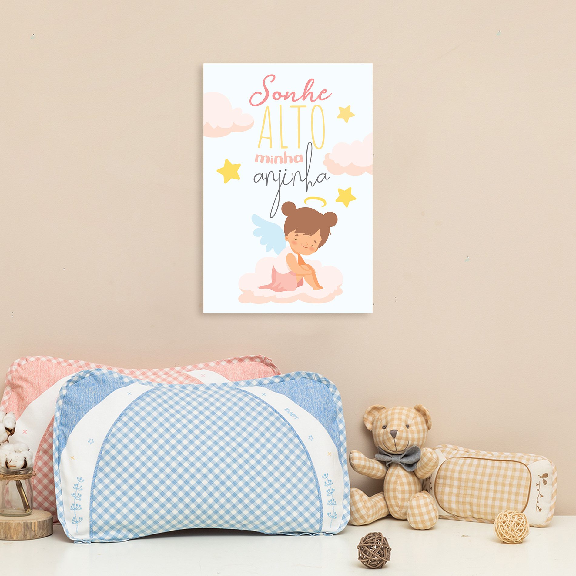 Placa Decorativa Sonhe Alto meu Anjinho Menina 20x30cm,Placa Decorativa Sonhe Alto meu Anjinho Menina 20x30cm