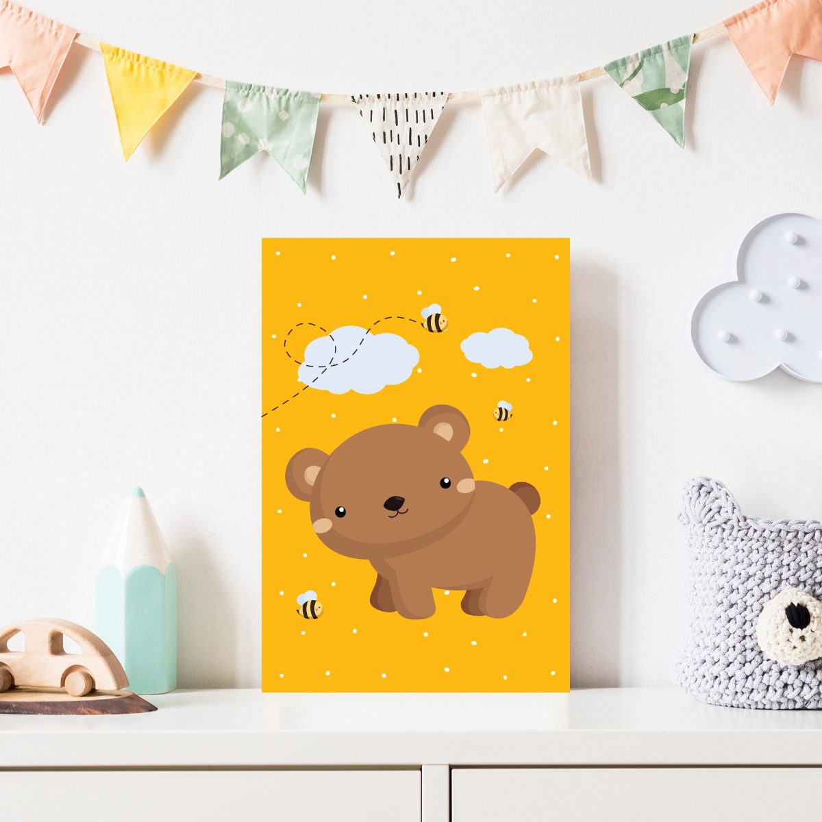 Placa Decorativa Infantil Urso e Abelhas 30x40cm